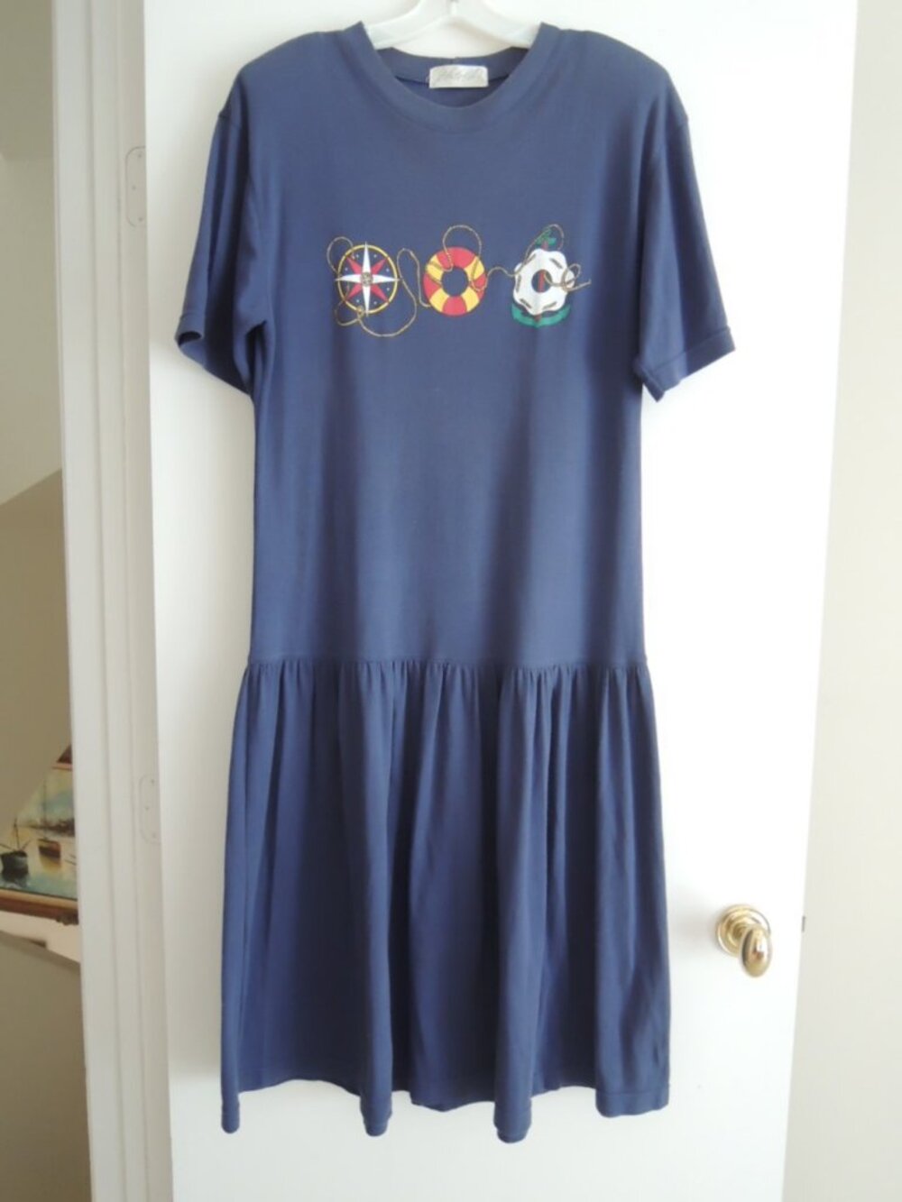 Ladies Dress Size M Drop Waist S/S Nautical Graphic on Navy - Vtg Lord & Taylor